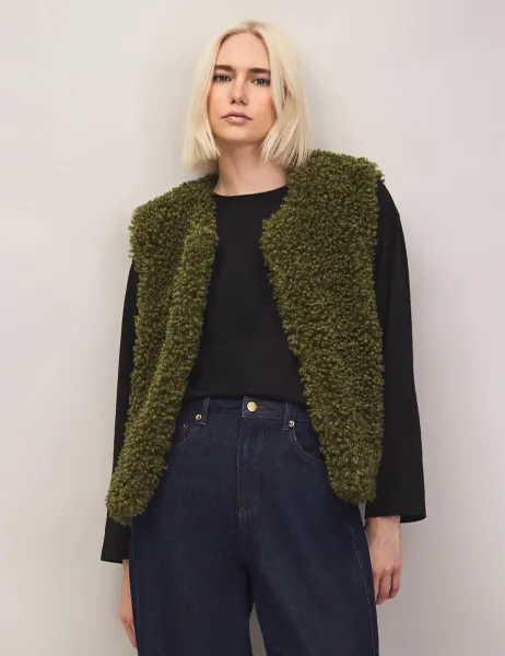 RO&ZO Faux Shearling Open Front Gilet Green