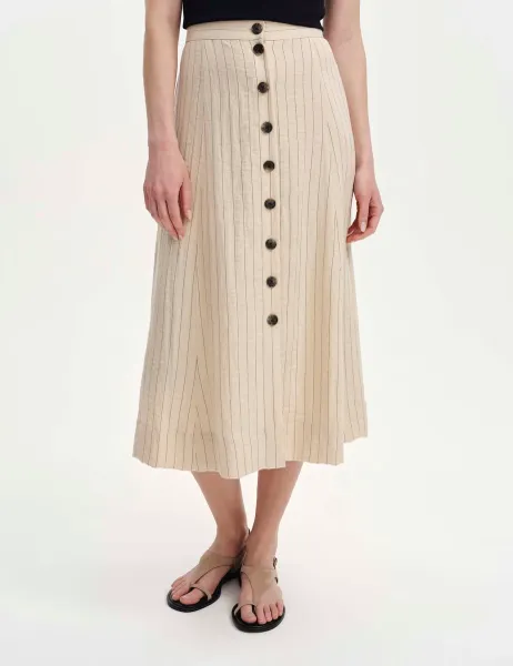 Finery London Striped Button Front Midi A-Line Skirt Beige Mix