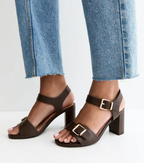 Women's Wide Fit Dark Brown Double Buckle Block Heel Sandals Vegan