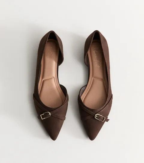Women's Dark Brown Faux Suede D'Orsay Buckle Pointed Toe Flats Vegan