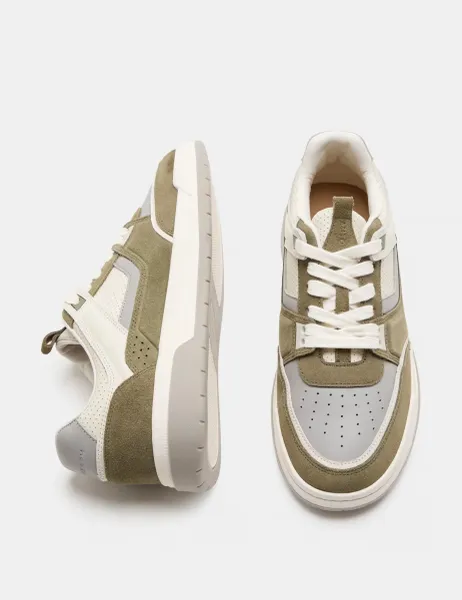 Leather High Profile Lace Up Trainers Khaki Mix