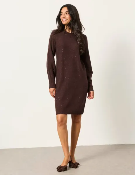 FatFace Cotton Blend Metallic Knitted Jumper Dress Chocolate