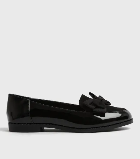 Women's Black Patent Bow Front Loafers Vegan