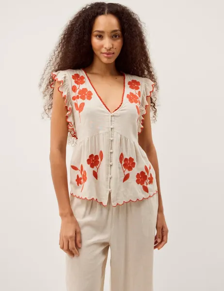 Monsoon Embroidered V-Neck Blouse Natural Mix