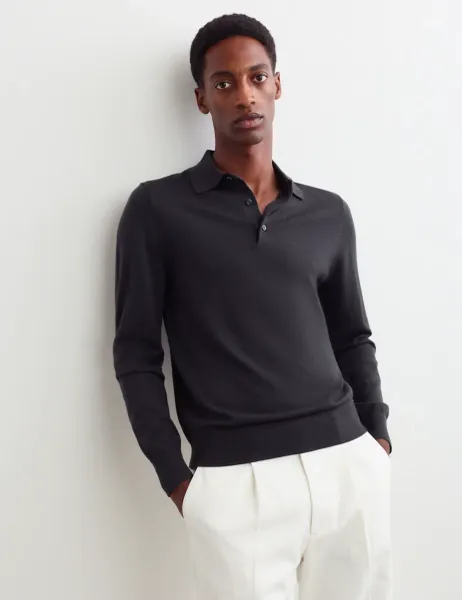 Jaeger Merino Wool Rich with Silk Polo Shirt Dark Navy