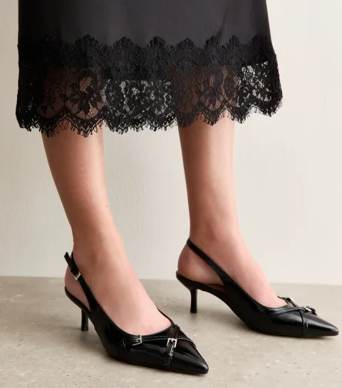 Women's Black Buckle Detail Patent Slingback Court Shoes Vegan