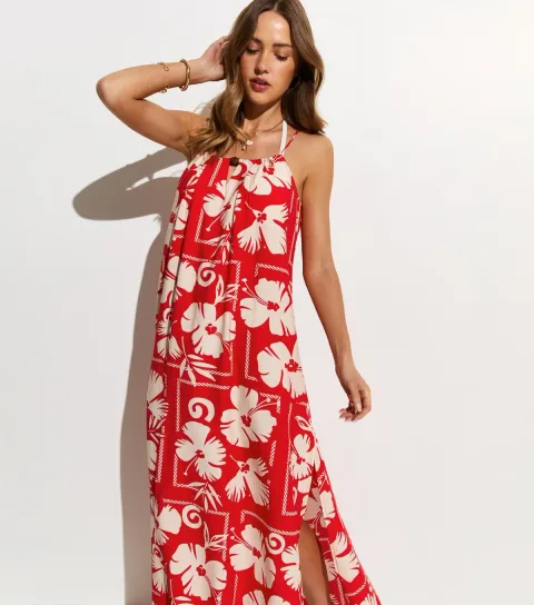 Women's Red Floral Print Bead Detail Beach Maxi Dress