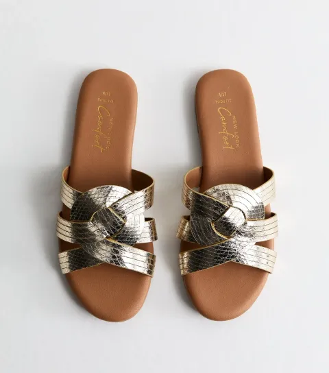 New Look Women's Wide Fit Gold Interwoven Strap Flat Mules Vegan