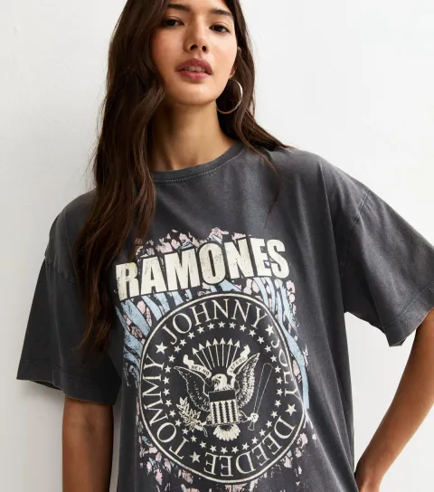 Women's Dark Grey Distressed Effect Ramones Print Oversized T-Shirt