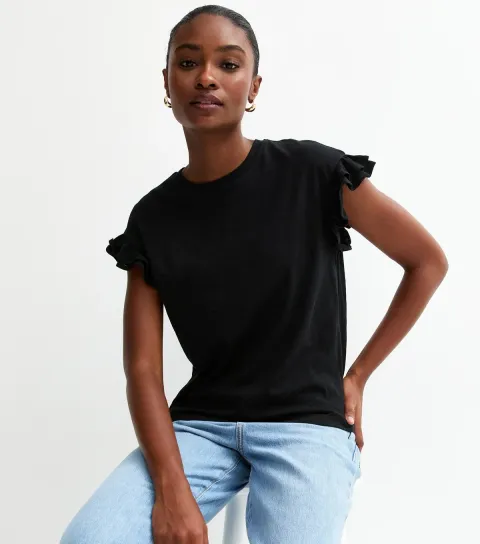 Women's Black Cotton Slub Frill Sleeve T-Shirt