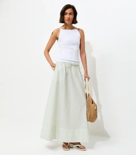 New Look Women's Green Striped Cotton Seersucker Circle Maxi Skirt