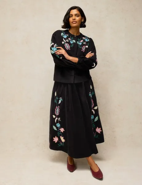 White Stuff Corduroy Embroidered Midaxi A-Line Skirt Black Mix