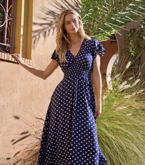 Women's Navy Polka Dot Elasticated Waist Midi Dress