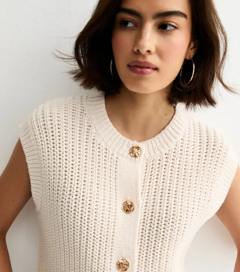 Women's Cream Cotton Rich Hammered Button Chunky Knit Waistcoat