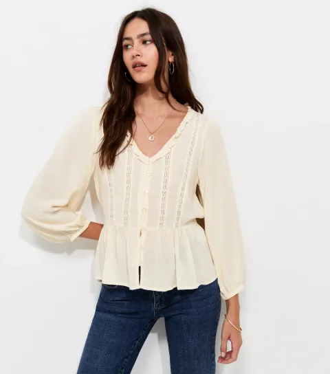 Women's Cream Lace Trim Cropped Sleeve Peplum Blouse