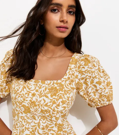 Women's Dark Yellow Linen Rich Ditsy Waisted Top