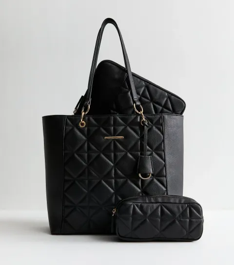 Black Faux Leather Diamond Quilted Tote Bag and Accessories Trio Vegan