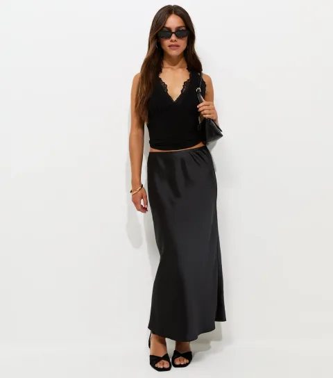 New Look Women's Petite Black Satin Bias Cut Midi Skirt