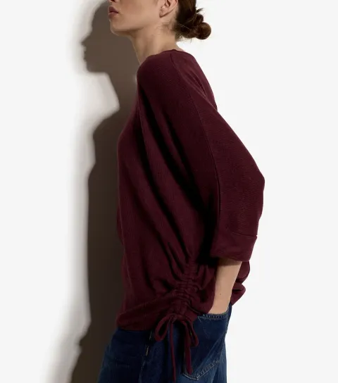 Women's Dark Burgundy Side Tie 3/4 Length Sleeve Top