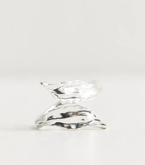 Silver Tone Beaten Sleek Petal Wrap Ring