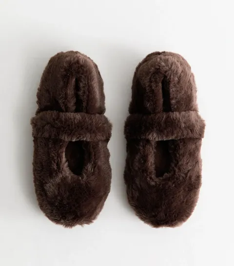 Women's Dark Brown Faux Fur Mary Jane Ballet Slippers Vegan