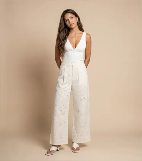 Women's Cream Cotton Embroidered Tailored Trousers