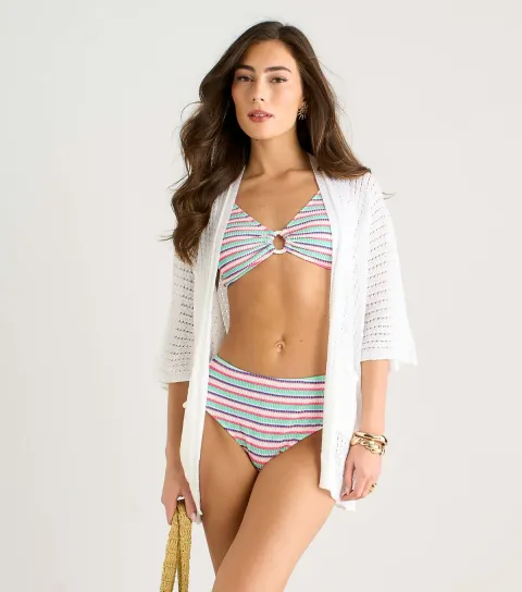 Gini London Women's White Crochet Open Front Cardigan