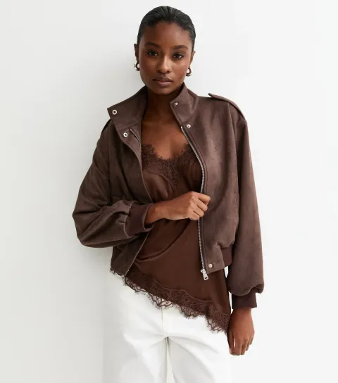 Women's Brown Faux Suede High Neck Bomber Jacket