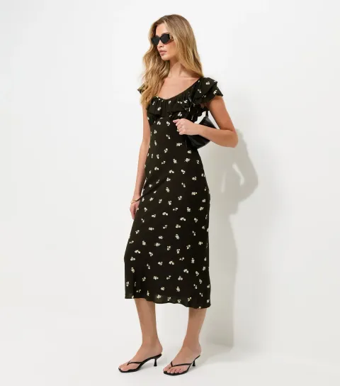 Women's Tall Black Floral Print Ruffle Trim Midi Dress