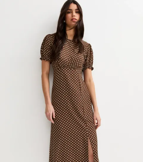 Women's Brown Spot Print Crepe Midi Dress