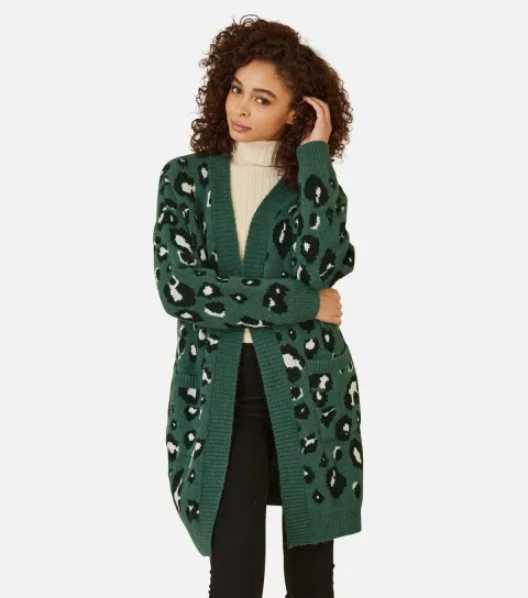 Women's Green Leopard Print Cardigan