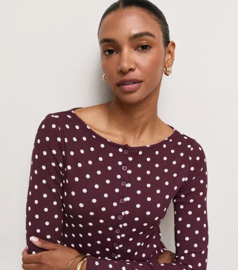 Women's Red Cotton Rich Spot Print Button Front Top