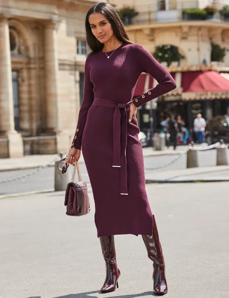 SOSANDAR Knitted Belted Midi Column Dress Burgundy