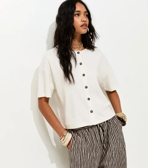 Women's Premium Off White Heavyweight Cotton Button Through T-Shirt