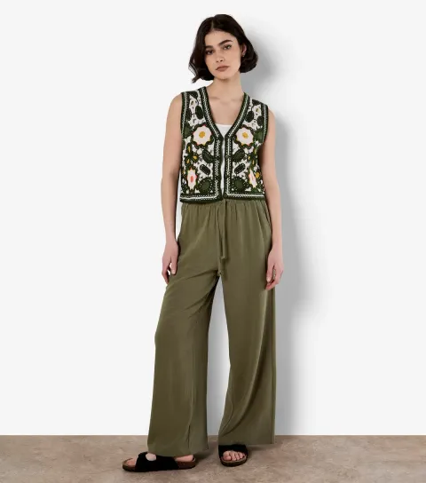 Women's Khaki Drawstring Waist Wide Leg Trousers