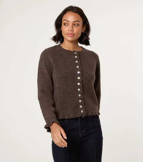 Women's Brown Ruffle Trim Cardigan