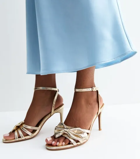Women's Gold Cracked Faux Leather Bow Strap Sandals Vegan