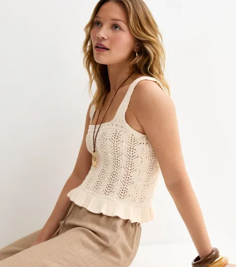 Women's Cream Square Neck Cotton Rich Pointelle Knit Vest