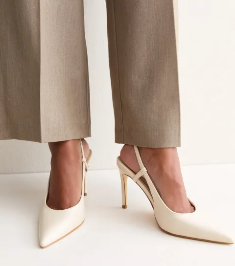 New Look Women's Off White Patent Faux Leather Buckle Slingback Strap Pumps Vegan
