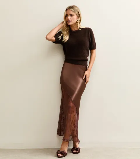 Women's Petite Dark Brown Satin Lace Asymmetric Bias Midi Skirt