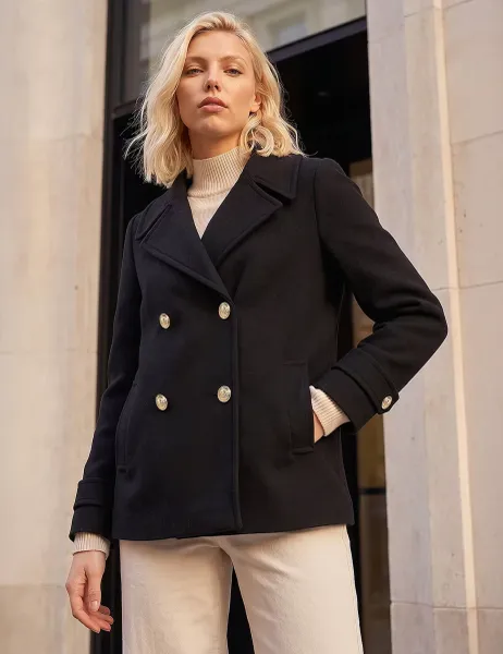 Roman Petite Collared Double Breasted Coat Black Mix