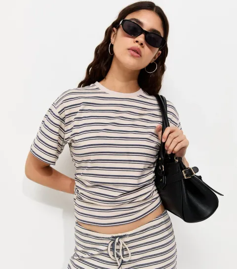 Women's Blue Cotton Striped Corset Waist T-Shirt