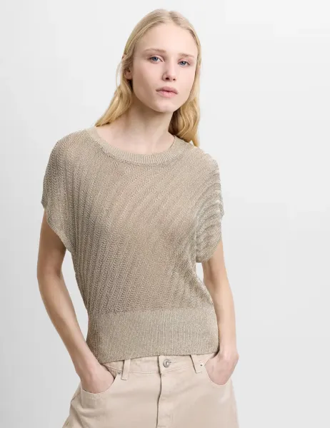 French Connection Metallic Textured Crew Neck Knitted Top Gold