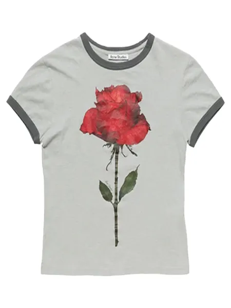 Women Graphic Rose T-Shirt Grey Red