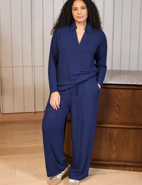 Live Unlimited London Supersoft Ribbed Drawstring Wide Leg Joggers Navy