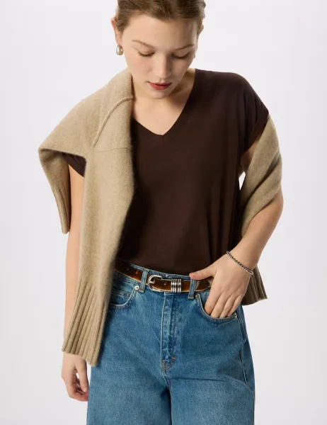 Whistles Pure Cotton V-Neck Cap Sleeve T-Shirt Chocolate
