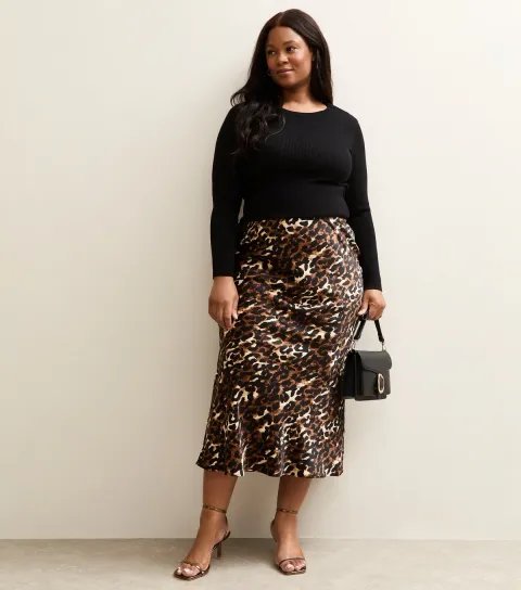 Women's Plus Size Brown Animal Print Satin Midi Skirt Curves