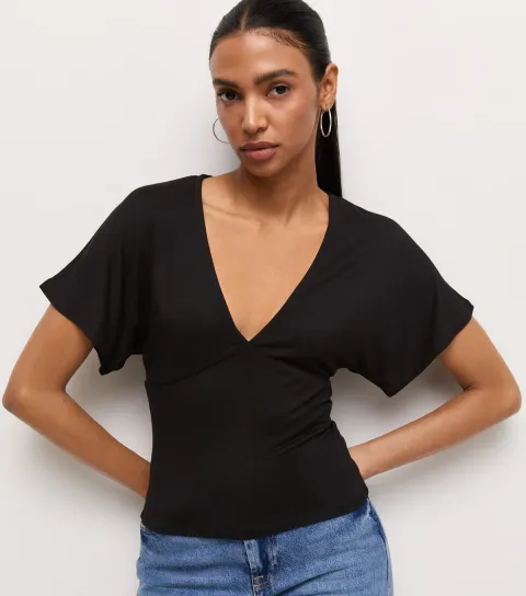 Women's Black Jersey V Neck Flutter Sleeve Top