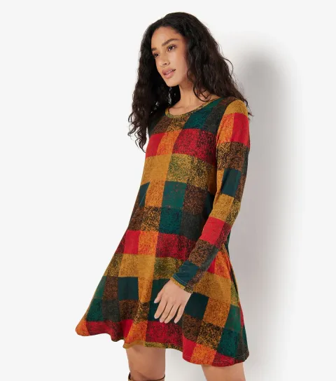 Women's Dark Green Textured Squares Swing Dress