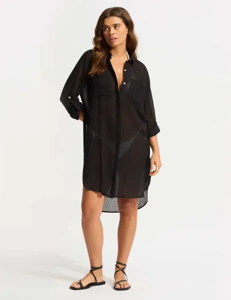 Seafolly Pure Cotton Beach Cover Up Shirt Black